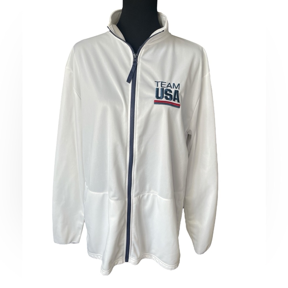 Team USA Olympic Zip Front White Track Jacket With Pockets, Size Large